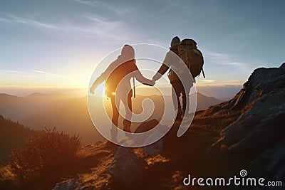 Couple of man and woman hikers on top of a mountain at sunset or sunrise Stock Photo