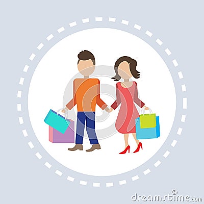 Couple man woman hold colorful packages paper bags shopping icon concept flat Vector Illustration