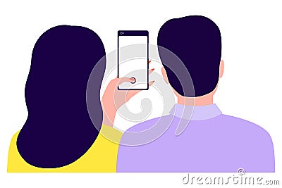 Couple man and woman holding smartphone, back view. Girl taking photo, selfie. Pair photo girl and guy on phone. Vector Vector Illustration