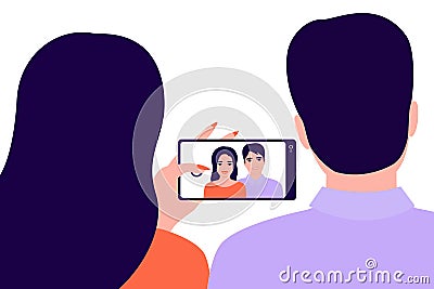 Couple man and woman holding smartphone, back view. Girl taking photo, selfie. Pair photo girl and guy on phone. Vector Vector Illustration