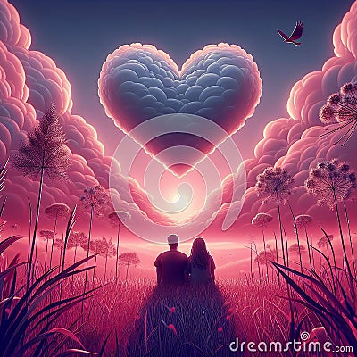 couple man and woman in love looking at the heart shape cloud. valentines, love and romantic design Stock Photo