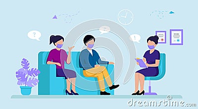 Couple Of Man And Woman Sitting On Sofa And Having Consultation With Female Psychologist Or Psychotherapist. Concept Vector Illustration