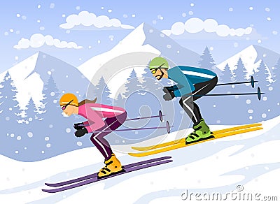 Couple, Man and Woman skiing downhill. Vector Illustration