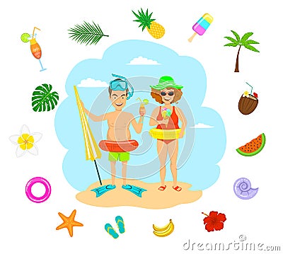 couple man and woman in swimsuits eating ice cream drinking cocktails on vacation Vector Illustration