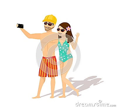 Couple, man and woman in swimsuits, sunglasses taking selfie on their summer time holidays Vector Illustration