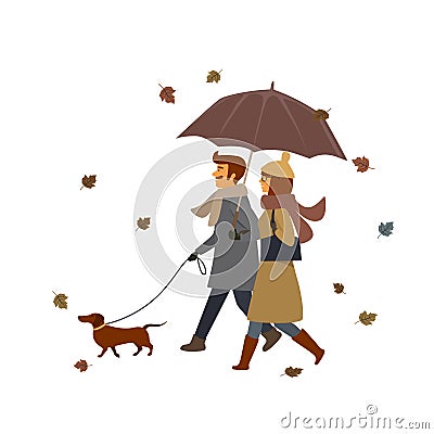 Man and woman walking with the dog, fall autumn vector illustration scene Vector Illustration