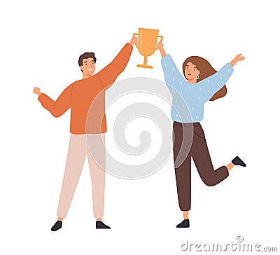 Couple of man and woman winners holding golden goblet. Happy successful people win award. Concept of goal achievement Vector Illustration