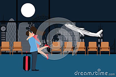 Couple meet at airport landing take off departure night love farewell plane background Stock Photo