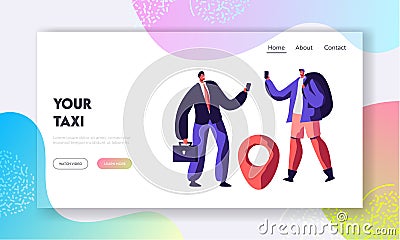 Couple of Men Calling for Ordering Taxi. Male Customer Characters Using Application to Order Car with Driver. Taxi Service Website Vector Illustration