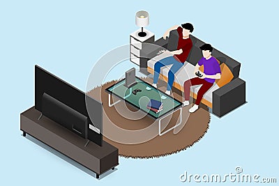 Couple men character playing a game console on large LED screen TV and sitting on sofa in a living room for entertaining in modern Cartoon Illustration