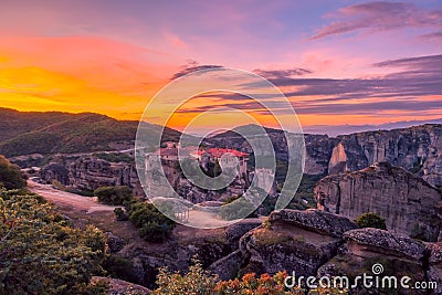 Couple of Minutes Before Dawn Over the Greek Rock Monastery Stock Photo