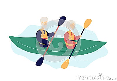 Couple of modern elderly people kayaking Vector Illustration