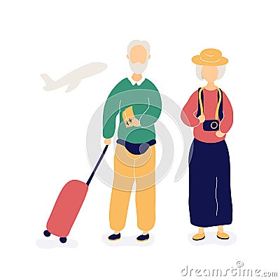 Couple of old people waiting for flight in airport Vector Illustration