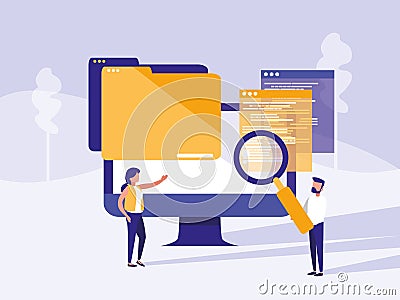 Couple with monitor computer in landscape Vector Illustration