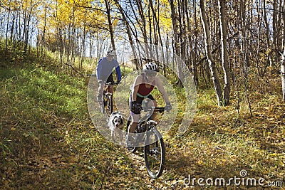 Couple mountain biking Stock Photo