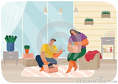 Couple moving to new house or apartment. Man and woman packing their stuff in cardboard boxes Vector Illustration