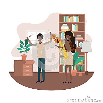 Couple with musical instruments in living room Vector Illustration