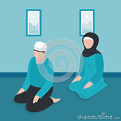 Couple muslim praying concept. men and women praying isometric vector llustration Stock Photo