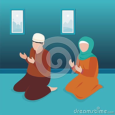 Couple muslim praying concept. men and women praying isometric vector llustration Stock Photo