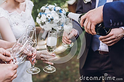 Couple of newlyweds, bride and groom together with bridesmaids and groomsmen drinking champagne outdoors hands closeup, wedding Stock Photo