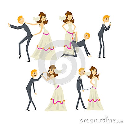 Couple of newlyweds set, henpecked man, husband dominated by wife cartoon vector Illustrations on a white background Vector Illustration