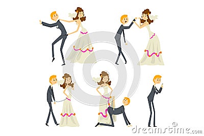 Couple of newlyweds set, henpecked man, husband dominated by wife cartoon vector Illustrations on a white background Vector Illustration