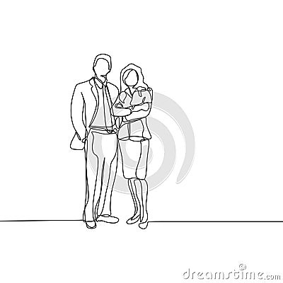 A couple of office worker. concept of a boss and his secretary standing looks gentle and awesome continuous one line drawing Vector Illustration