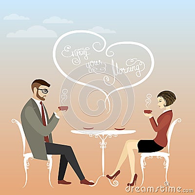 Couple office workers or business people drinking coffee Vector Illustration