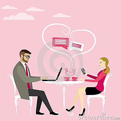 Couple office workers or business people drinking coffee and wor Vector Illustration
