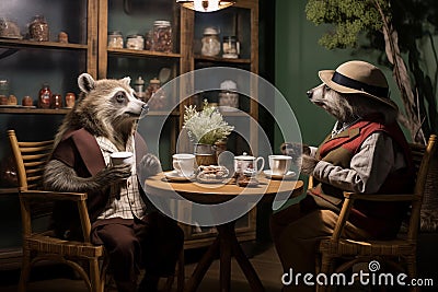 Couple of old anthropomorphic raccoon sitting at the table and drinking coffee Stock Photo