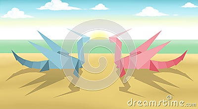 Couple Origami of Two Dragons at the Beach Stock Photo