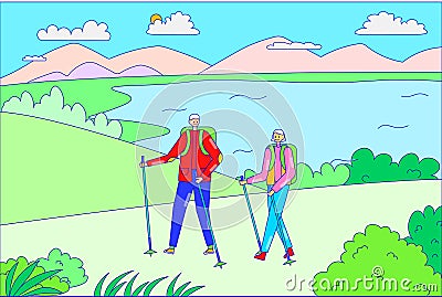 Couple outdoorsman male female hold hand hiking stick, character people walk outdoor forest lake place line flat vector Vector Illustration