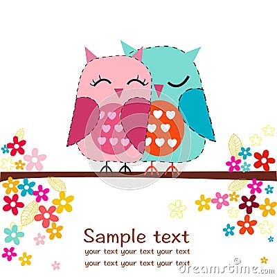 Couple owls with flowers greeting card Vector Illustration