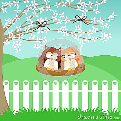 Couple owls on swing Vector Illustration