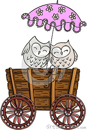 Couple owls with umbrella on wooden trolley Vector Illustration