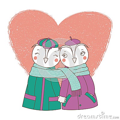 A couple of owls wrapped in one scarf Vector Illustration