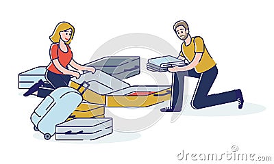 Couple packing clothes in suitcases for vacation travel. Young man and woman pack trip luggage Vector Illustration