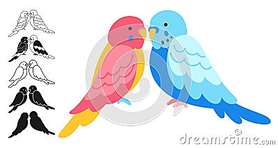 Couple parrots tropical bright childish cartoon set exotic lovers sitting outline sign collection Vector Illustration