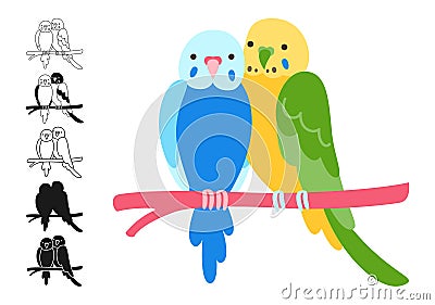 Couple parrots tropical bright childish cartoon set exotic lovers sitting outline sign collection Vector Illustration