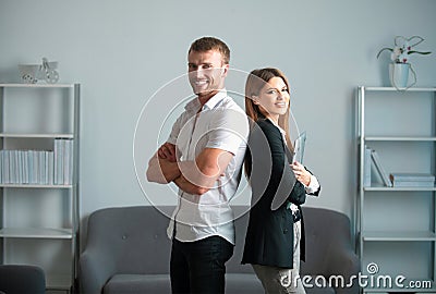 Couple partnership in business. Young man and woman business couple. Successful business team Stock Photo