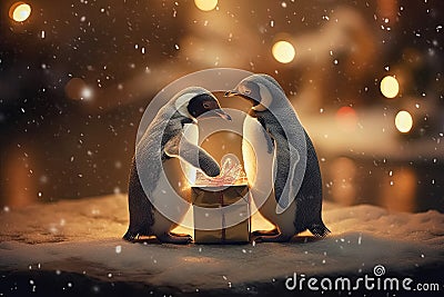 couple penguins and gift box, new year surprise Stock Photo