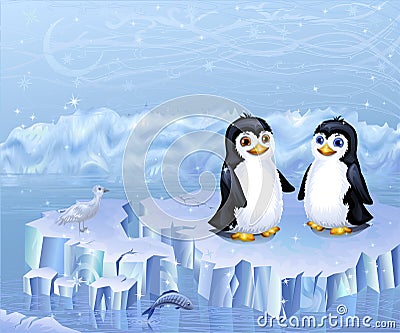 A couple of penguins sitting on an ice floe Vector Illustration