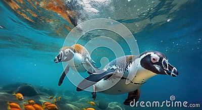A couple of penguins swimming in the ocean with a lot of small fish around them. Generative AI Stock Photo