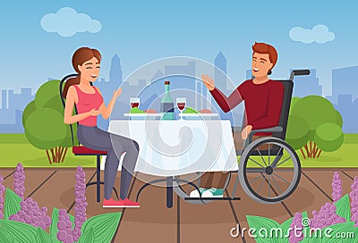 Couple people eat on terrace in summer, disabled man in wheelchair dining with girl Vector Illustration