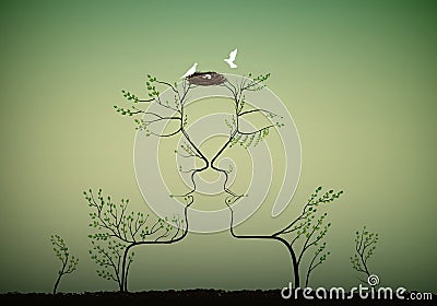 Couple of people look like tree branches silhouettes with bird nest, family concept, Vector Illustration