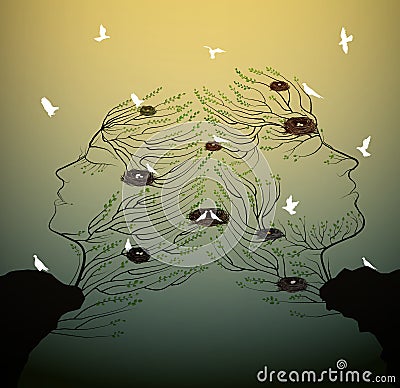 Couple of people look like tree branches silhouettes with bird nest growing on the rock, family and ralationships Vector Illustration