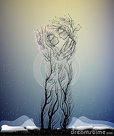 Couple of people look like tree branches silhouettes, two lovers concept, tree hug each other in cold winter weather, Vector Illustration