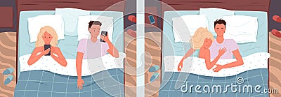 Couple people sleeping poses in bed vector illustration set. Cartoon young happy man and woman characters sleep together Vector Illustration