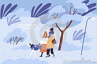 Couple of people walking with dog in winter park in cold freezing weather. Scene of happy friends enjoying stroll with Vector Illustration