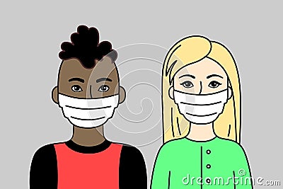 Couple Of People Wearing Face Masks. Two Young Adults, African or Brazilian Man, Blonde Woman. Protective Respirators Vector Illustration